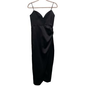 ZARA Black Satin Evening Night Out Romantic Ruched Midi Dress M